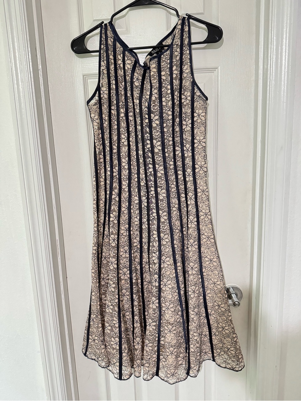 SLNY Navy and Cream Striped Lace Midi Dress